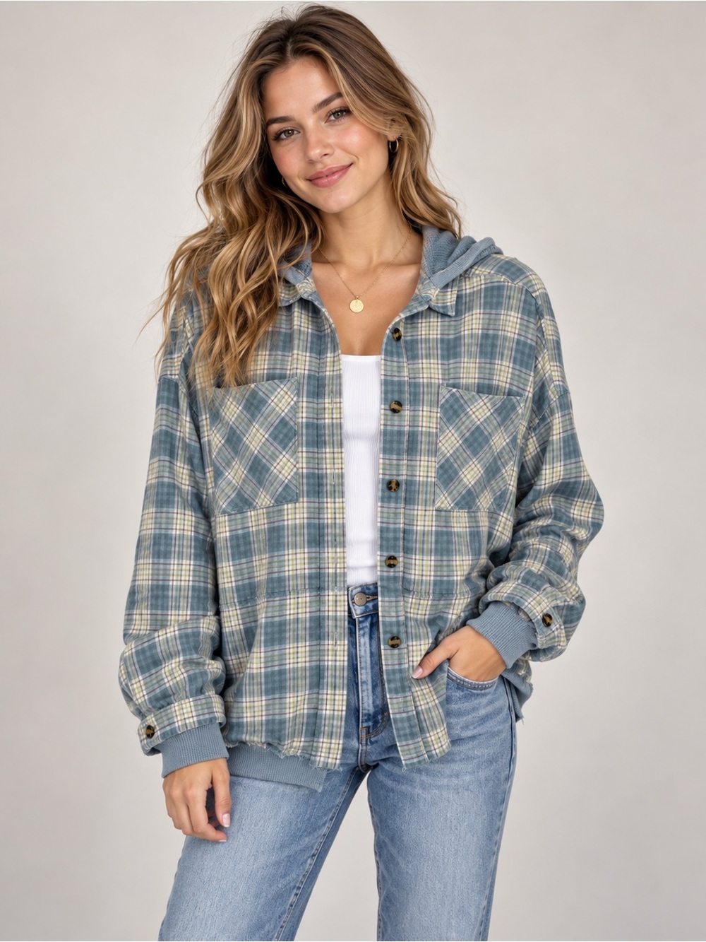 MABLE Plaid Hooded Button Front Shirt Jacket Size Large